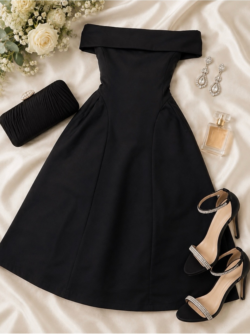 Off The Shoulders Midi Black Dress Gown